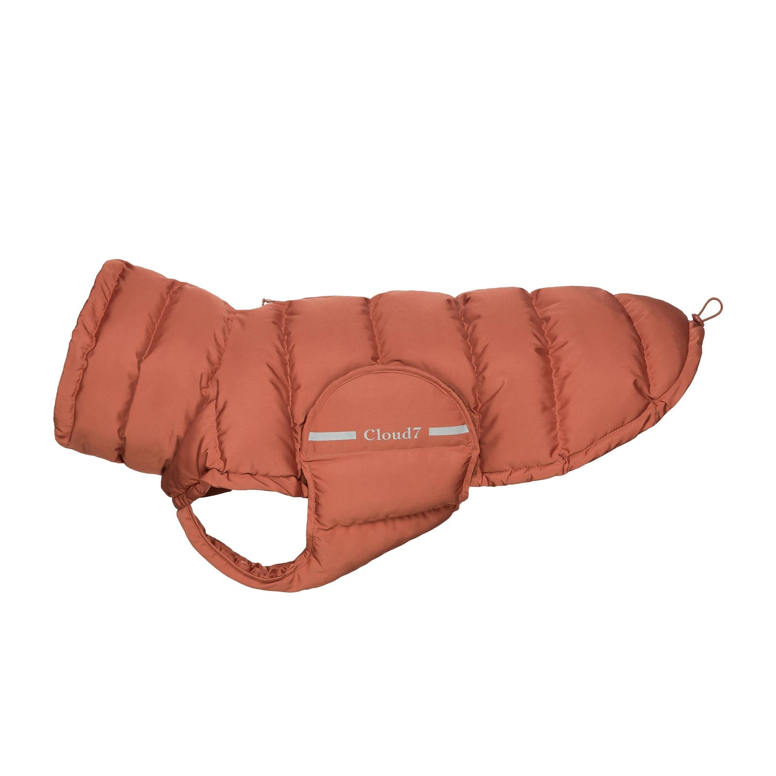 Backsteinrote Winterpuffer-Jacke für Hunde mit kleiner Hersteller-Aufschrift